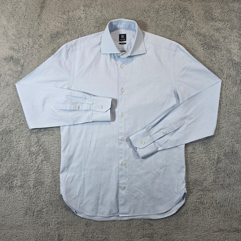 Boggi Milano Dress Shirt Mens 15.5 Light Blue Slim Stretch Cotton Spread Collar